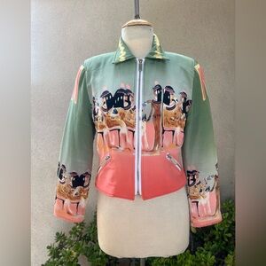 Unique short silk jacket peach tone Egyptian theme zipper XS F88 Phillip Prince